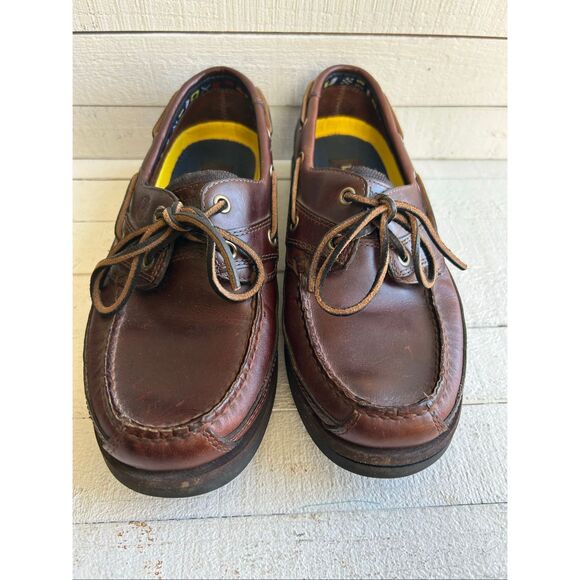 Timberland Men’s Leather Boat Shoes Brown Size 8M Moc Toe Handsewn Deck Shoes - Picture 1 of 9